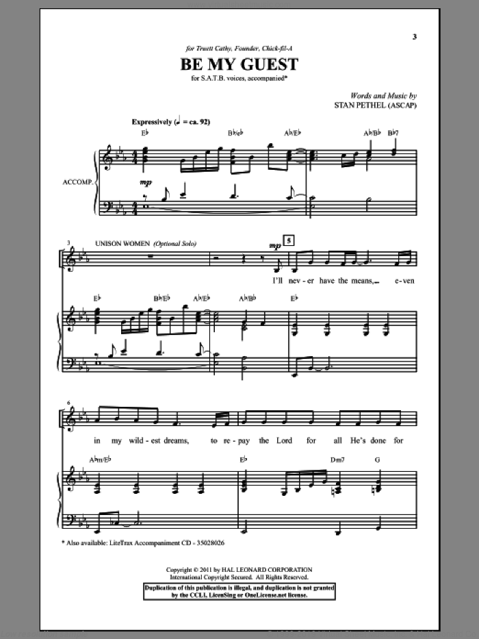 Be My Guest sheet music for choir (SATB: soprano, alto, tenor, bass) by Stan Pethel, intermediate skill level
