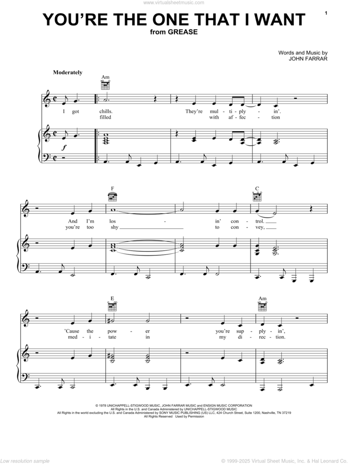 You're The One That I Want (from Grease) sheet music for voice, piano or guitar by Olivia Newton-John & John Travolta, John Travolta, Olivia Newton-John and John Farrar, intermediate skill level