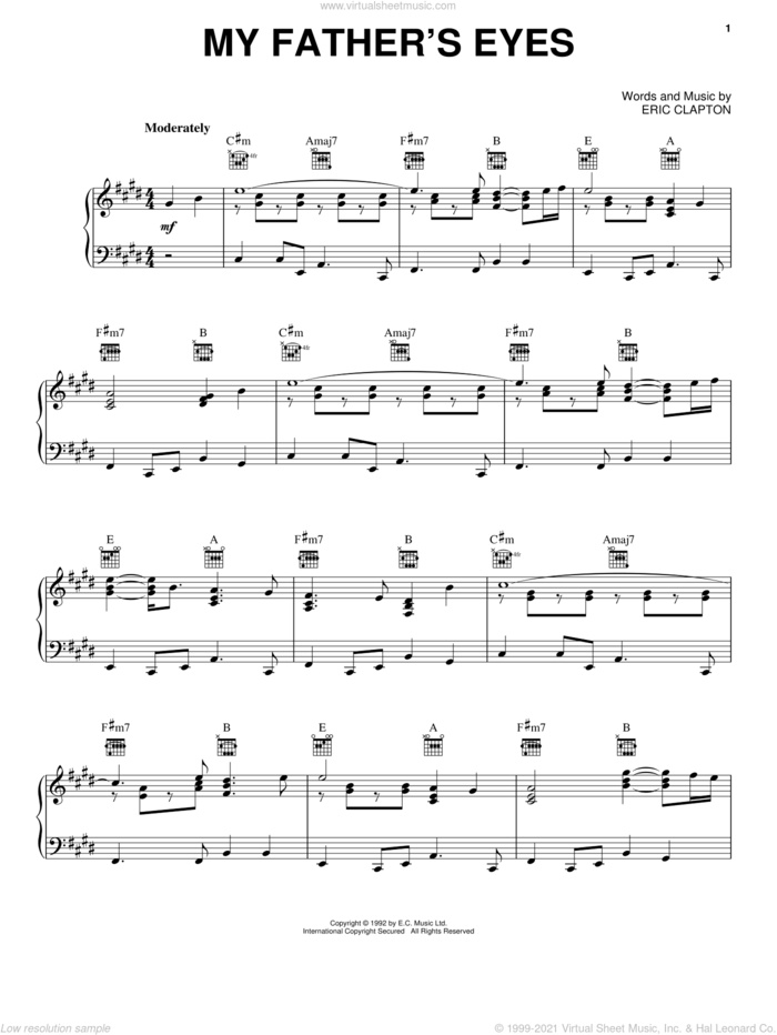 My Father's Eyes sheet music for voice, piano or guitar by Eric Clapton, intermediate skill level