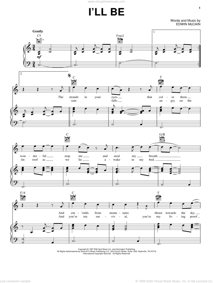 I'll Be sheet music for voice, piano or guitar by Edwin McCain, intermediate skill level