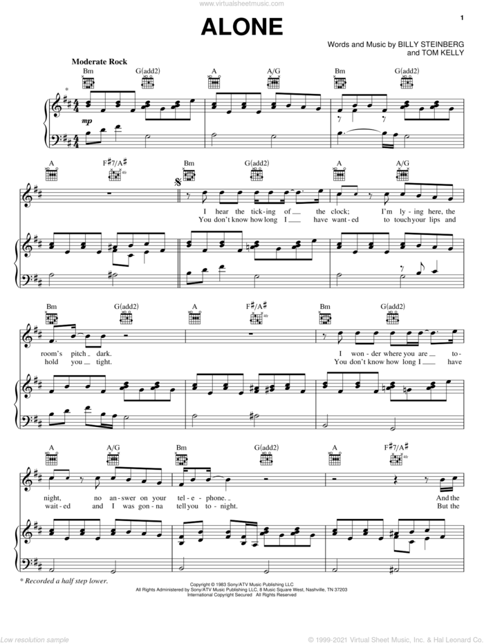Alone sheet music for voice, piano or guitar by Heart, Miscellaneous, Billy Steinberg and Tom Kelly, intermediate skill level
