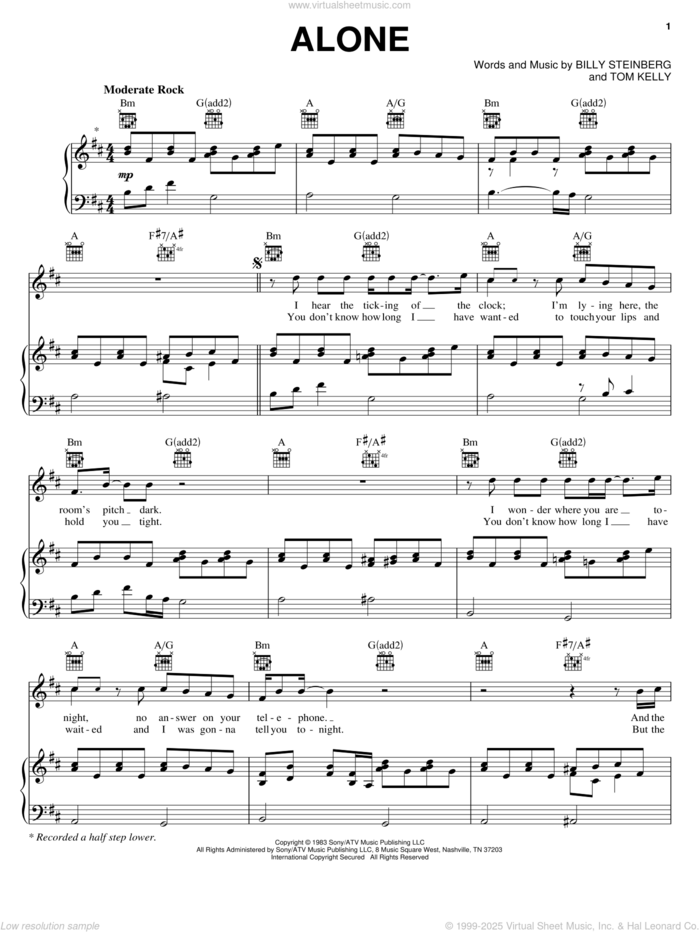 Alone sheet music for voice, piano or guitar by Heart, Miscellaneous, Billy Steinberg and Tom Kelly, intermediate skill level