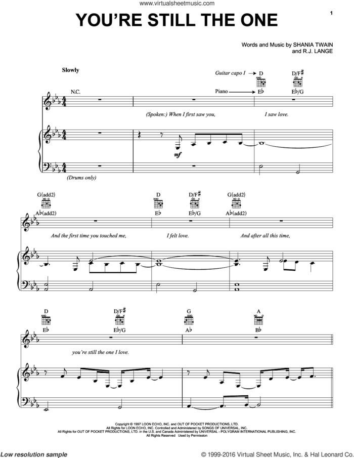 You're Still The One sheet music for voice, piano or guitar by Shania Twain and Robert John Lange, wedding score, intermediate skill level