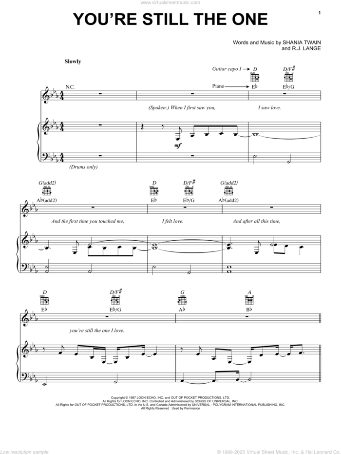 You're Still The One sheet music for voice, piano or guitar by Shania Twain and Robert John Lange, wedding score, intermediate skill level