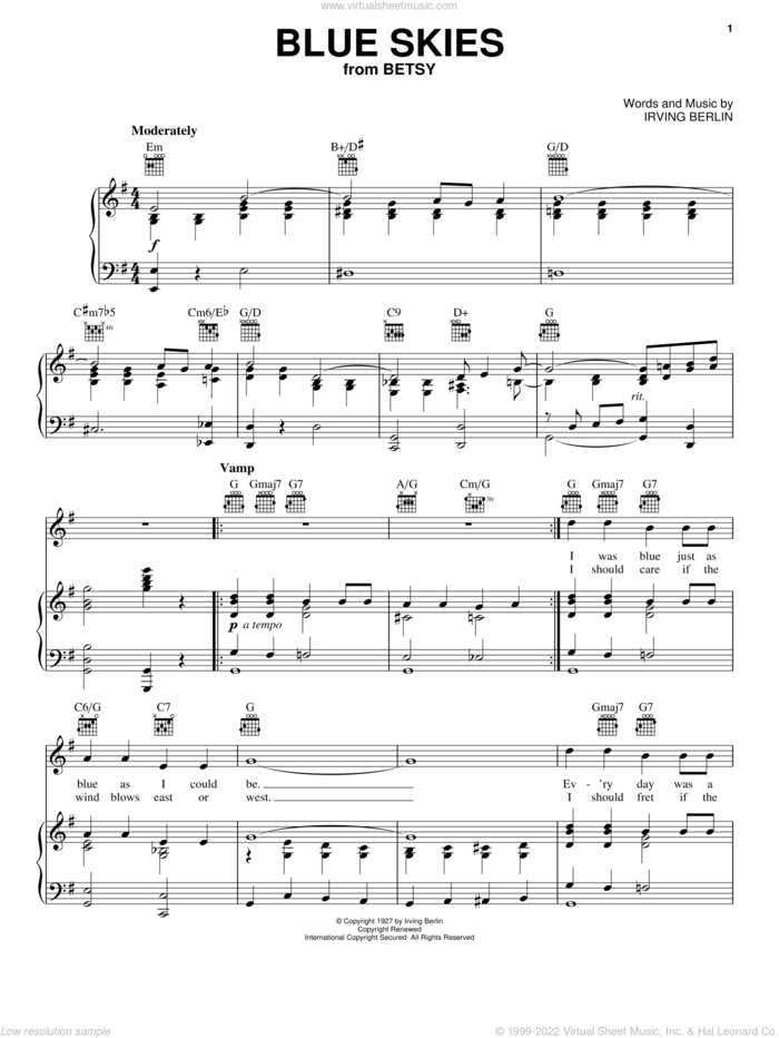 Blue Skies sheet music for voice, piano or guitar by Irving Berlin, Frank Sinatra and White Christmas (Musical), intermediate skill level