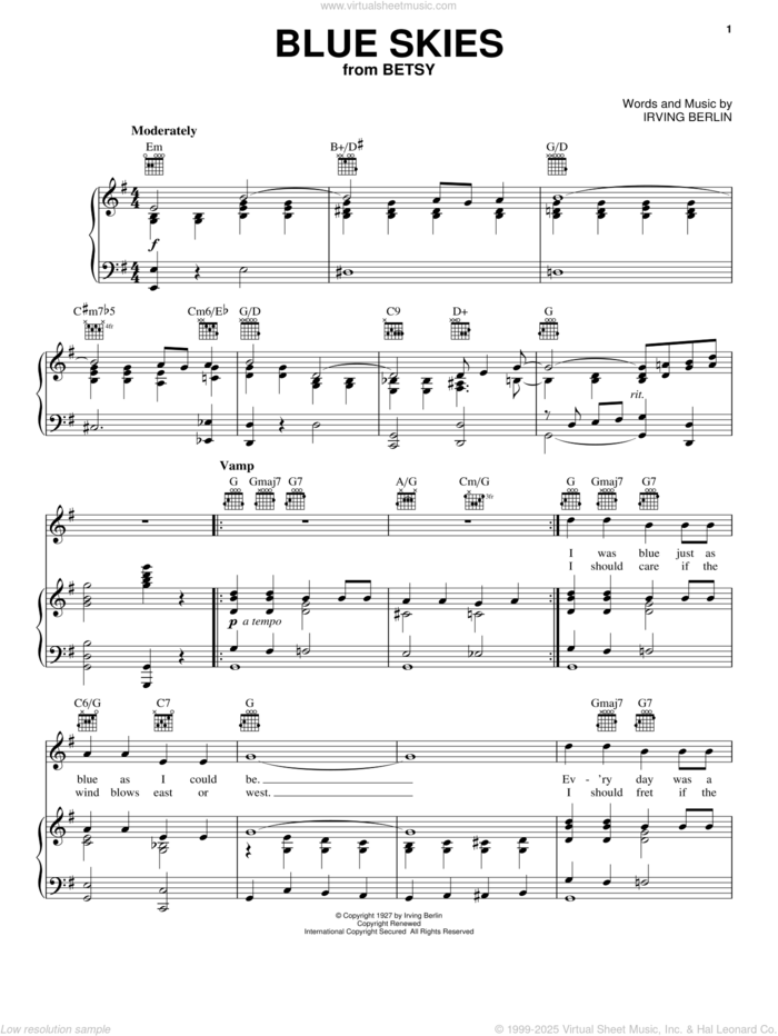 Blue Skies sheet music for voice, piano or guitar by Irving Berlin, Frank Sinatra and White Christmas (Musical), intermediate skill level