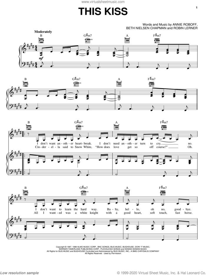 This Kiss sheet music for voice, piano or guitar by Faith Hill, Annie Roboff, Beth Nielsen Chapman and Robin Lerner, wedding score, intermediate skill level