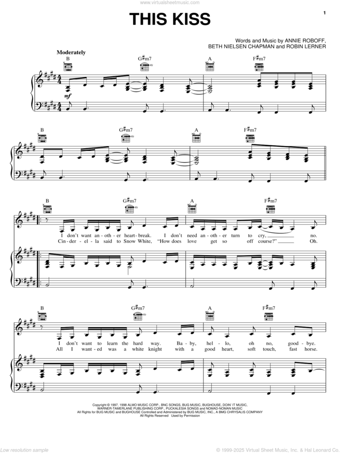 This Kiss sheet music for voice, piano or guitar by Faith Hill, Annie Roboff, Beth Nielsen Chapman and Robin Lerner, wedding score, intermediate skill level