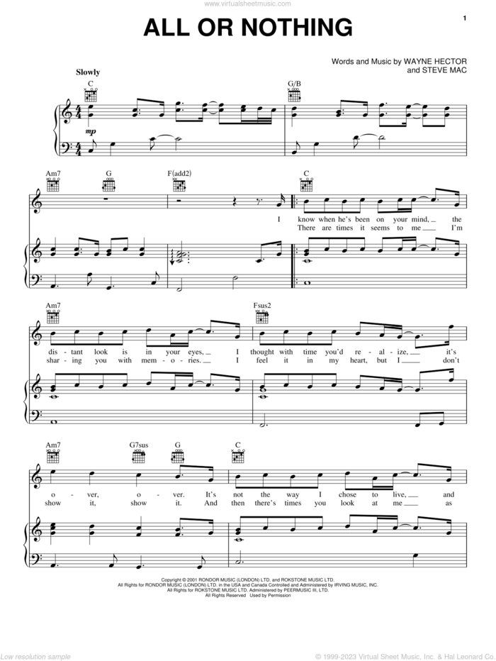 All Or Nothing sheet music for voice, piano or guitar by O-Town, Steve Mac and Wayne Hector, intermediate skill level