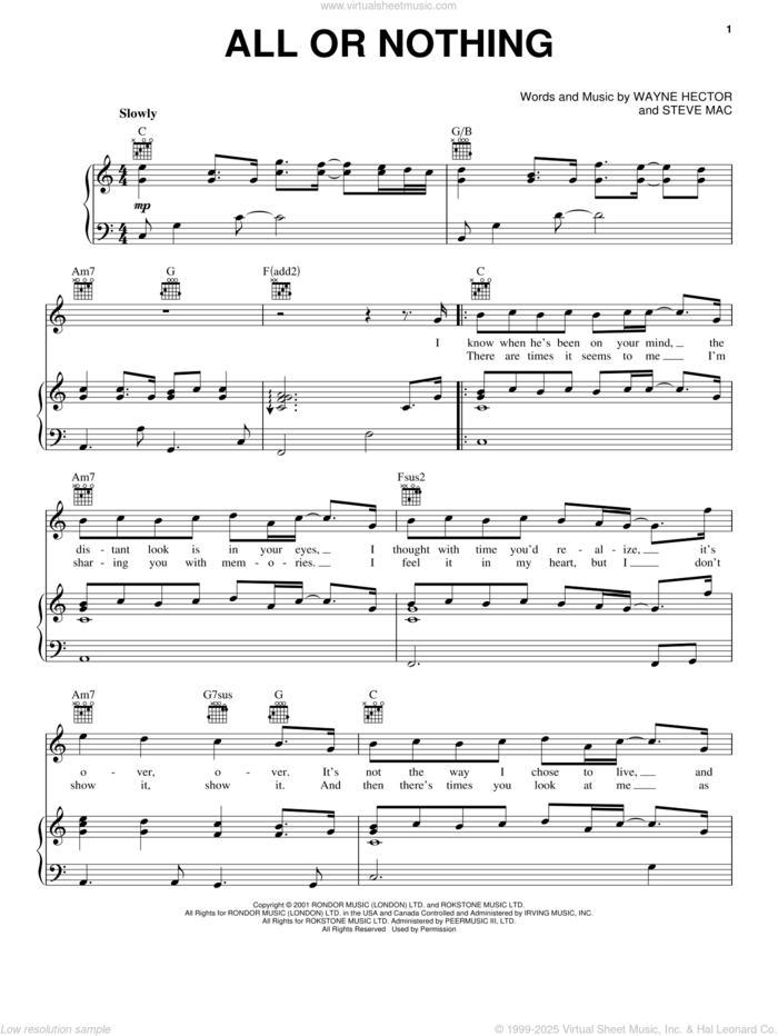 All Or Nothing sheet music for voice, piano or guitar by O-Town, Steve Mac and Wayne Hector, intermediate skill level