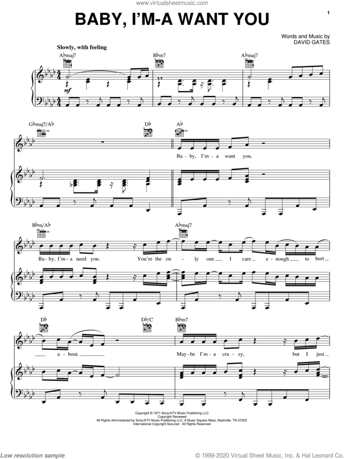 Baby, I'm-A Want You sheet music for voice, piano or guitar by Bread and David Gates, intermediate skill level
