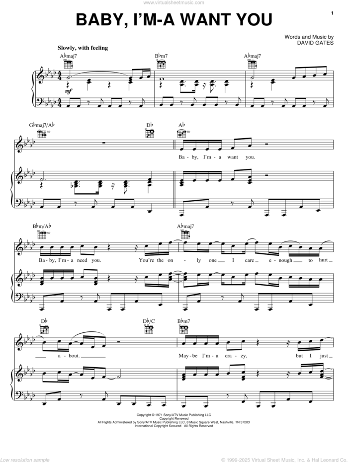 Baby, I'm-A Want You sheet music for voice, piano or guitar by Bread and David Gates, intermediate skill level