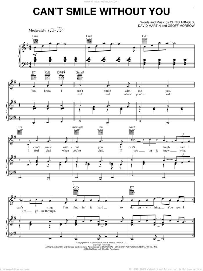 Can't Smile Without You sheet music for voice, piano or guitar by Barry Manilow, Chris Arnold, David Martin and Geoff Morrow, intermediate skill level