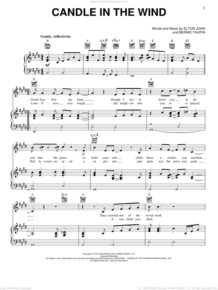 Candle In The Wind sheet music for voice, piano or guitar by Elton John and Bernie Taupin, intermediate skill level