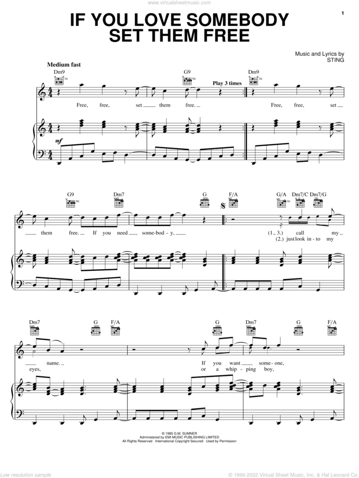 If You Love Somebody Set Them Free sheet music for voice, piano or guitar by Sting, intermediate skill level