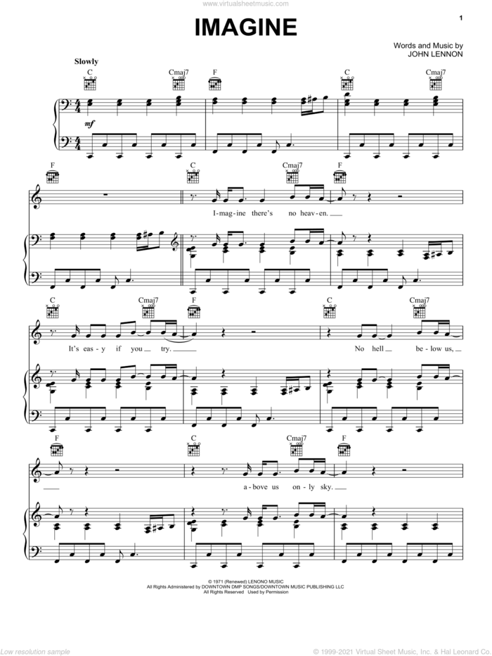 Imagine sheet music for voice, piano or guitar by John Lennon and Miscellaneous, intermediate skill level