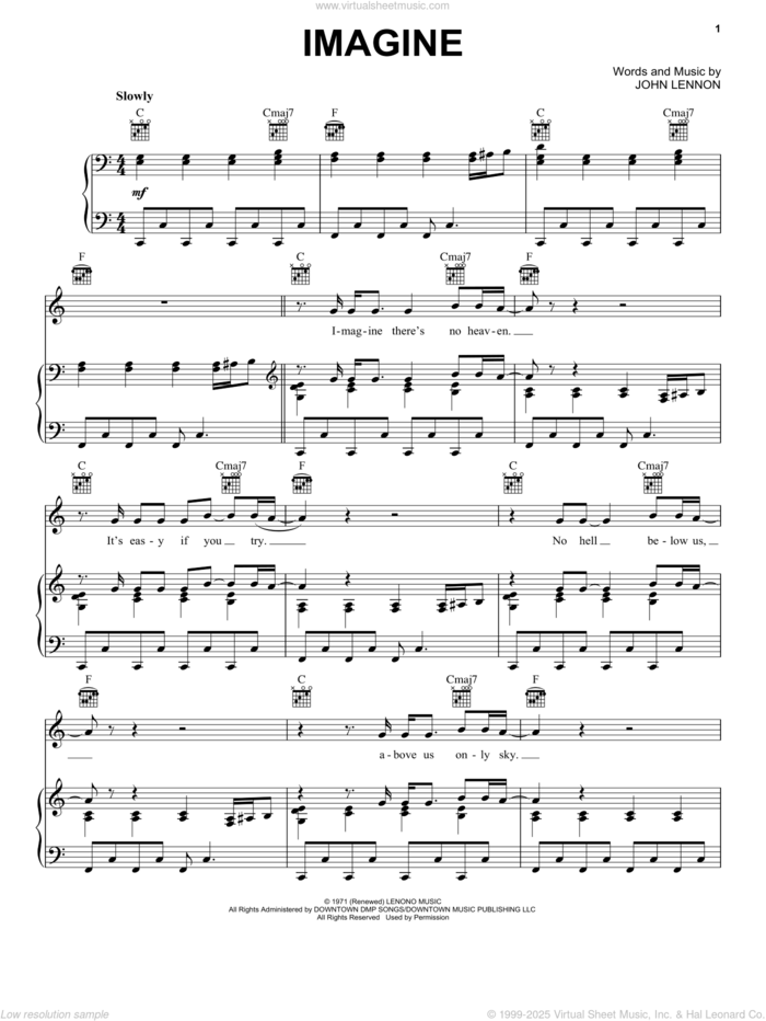 Imagine sheet music for voice, piano or guitar by John Lennon and Miscellaneous, intermediate skill level