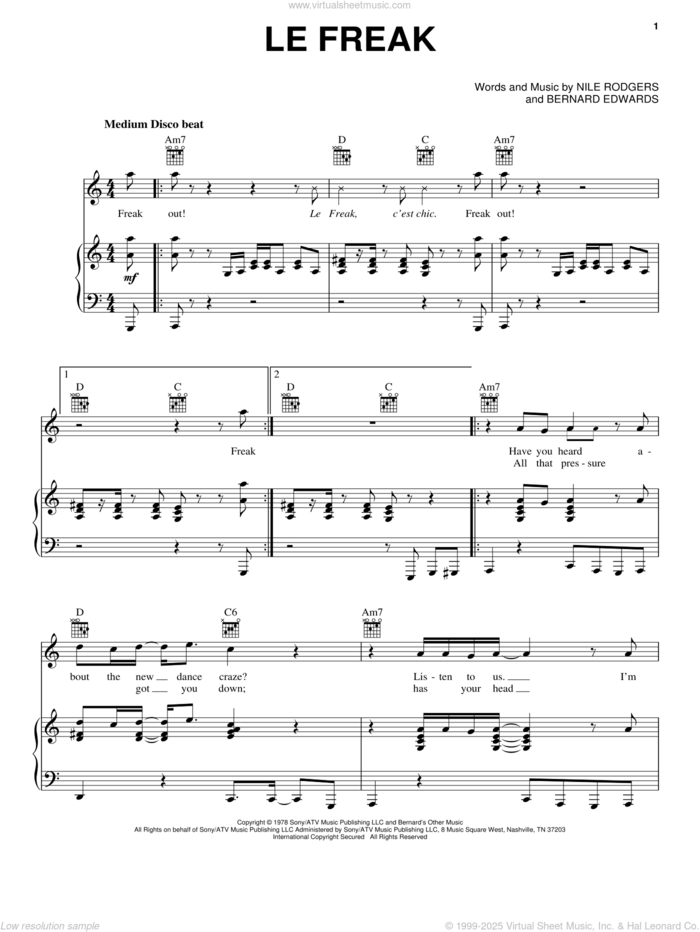 Le Freak sheet music for voice, piano or guitar by Chic, Toy Story 3 (Movie), Bernard Edwards and Nile Rodgers, intermediate skill level