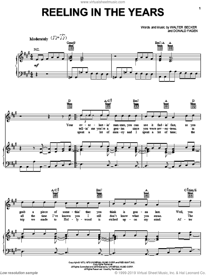 Reeling In The Years sheet music for voice, piano or guitar by Steely Dan, Donald Fagen and Walter Becker, intermediate skill level