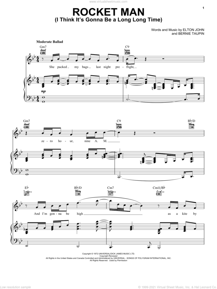 Rocket Man (I Think It's Gonna Be A Long Long Time) sheet music for voice, piano or guitar by Elton John and Bernie Taupin, intermediate skill level