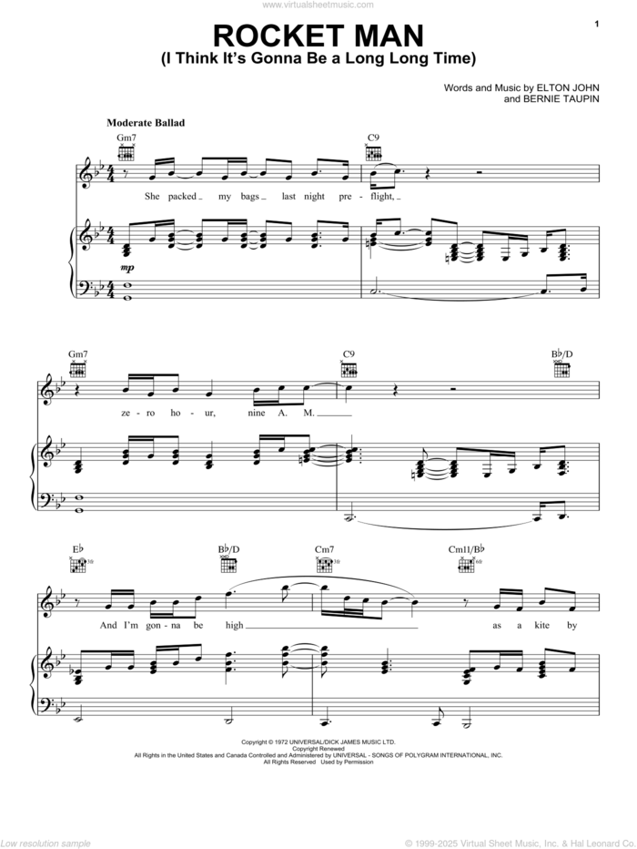 Rocket Man (I Think It's Gonna Be A Long Long Time) sheet music for voice, piano or guitar by Elton John and Bernie Taupin, intermediate skill level