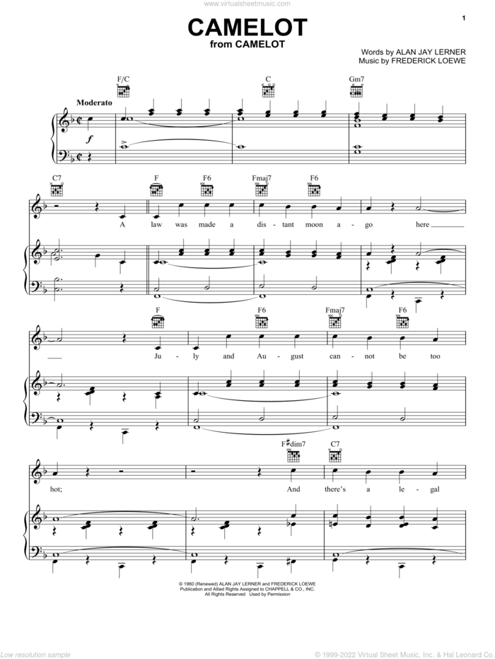 Camelot sheet music for voice, piano or guitar by Richard Burton, Lerner & Loewe, Richard Harris, Alan Jay Lerner and Frederick Loewe, intermediate skill level