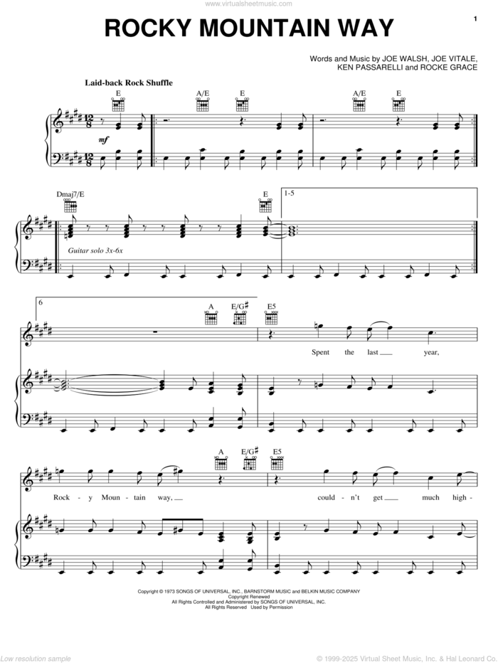 Rocky Mountain Way sheet music for voice, piano or guitar by Joe Walsh, Joe Vitale, Ken Passarelli and Rocke Grace, intermediate skill level