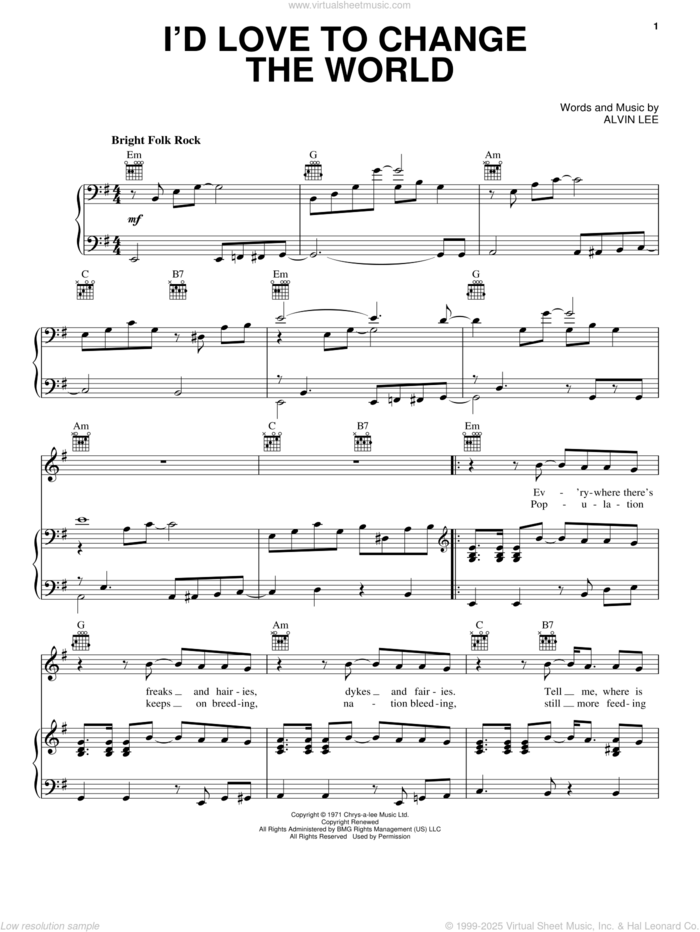 I'd Love To Change The World sheet music for voice, piano or guitar by Ten Years After and Alvin Lee, intermediate skill level