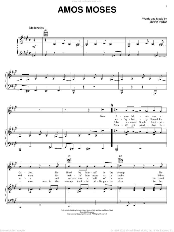 Amos Moses sheet music for voice, piano or guitar by Jerry Reed, intermediate skill level