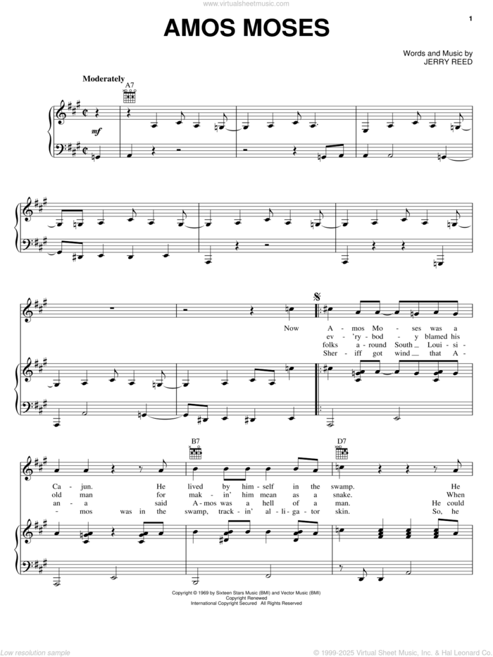 Amos Moses sheet music for voice, piano or guitar by Jerry Reed, intermediate skill level