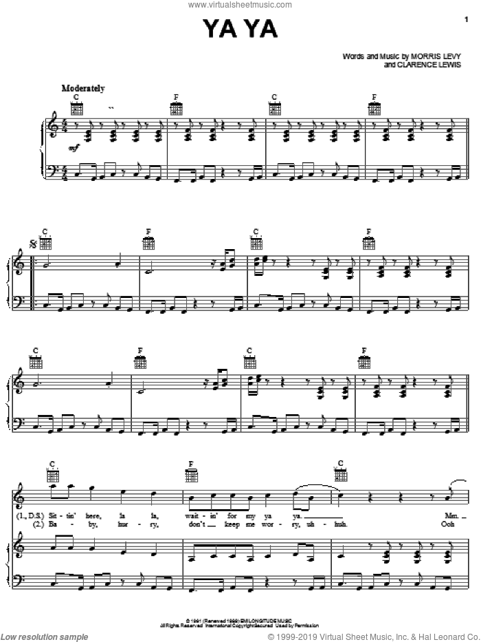 Ya Ya sheet music for voice, piano or guitar by Buckwheat Zydeco, Lee Dorsey, Clarence Lewis and Morris Levy, intermediate skill level