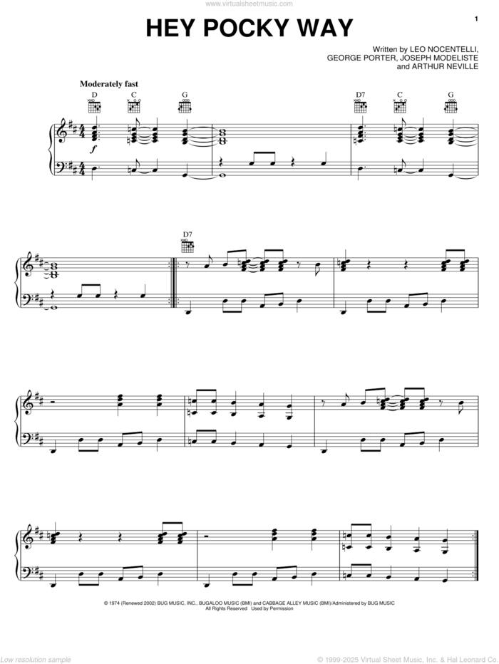 Hey Pocky Way sheet music for voice, piano or guitar by The Neville Brothers, Grateful Dead, Arthur Neville, George Porter, Joseph Modeliste and Leo Nocentelli, intermediate skill level