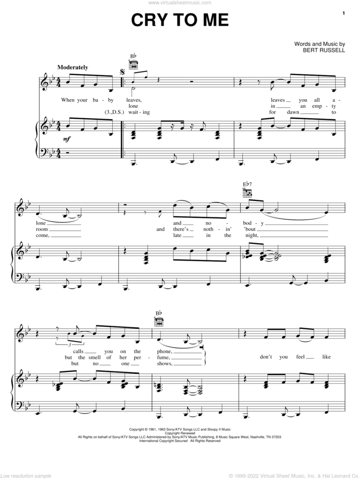 Cry To Me sheet music for voice, piano or guitar by Professor Longhair, Solomon Burke, The Pretty Things and Bert Russell, intermediate skill level