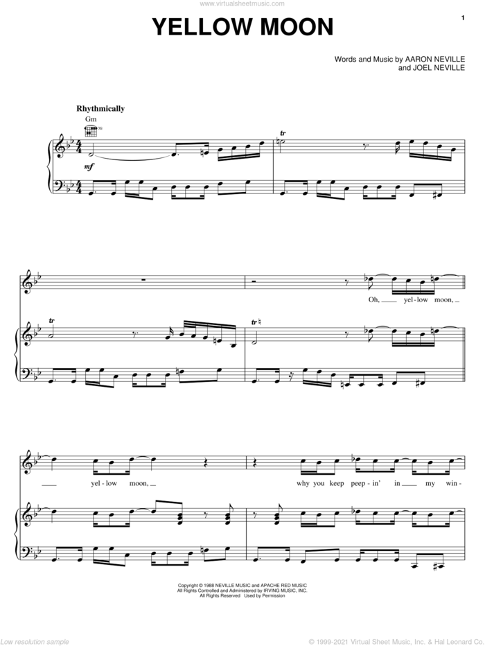 Yellow Moon sheet music for voice, piano or guitar by The Neville Brothers, Aaron Neville and Joel Neville, intermediate skill level