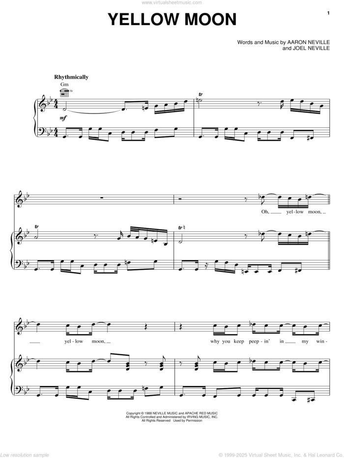 Yellow Moon sheet music for voice, piano or guitar by The Neville Brothers, Aaron Neville and Joel Neville, intermediate skill level