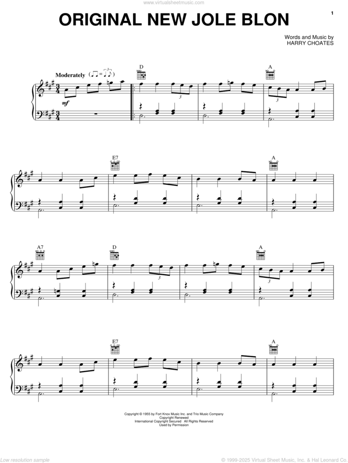 Original New Jole Blon sheet music for voice, piano or guitar by Harry Choates, intermediate skill level