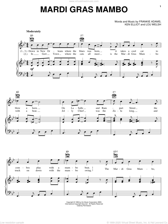 Mardi Gras Mambo sheet music for voice, piano or guitar by The Hawketts, The Hawkettes, Frankie Adams, Ken Elliot and Lou Welsh, intermediate skill level