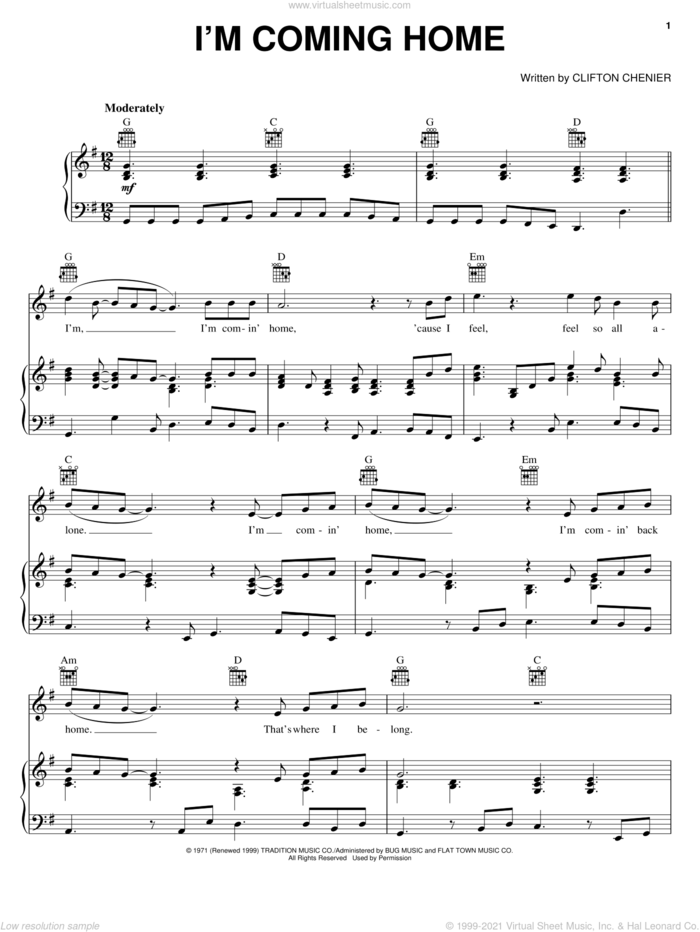 I'm Coming Home sheet music for voice, piano or guitar by C.J. Chenier and Clifton Chenier, intermediate skill level