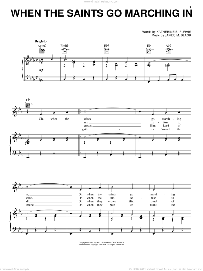 When The Saints Go Marching In sheet music for voice, piano or guitar by Louis Armstrong, James M. Black and Katherine E. Purvis, intermediate skill level