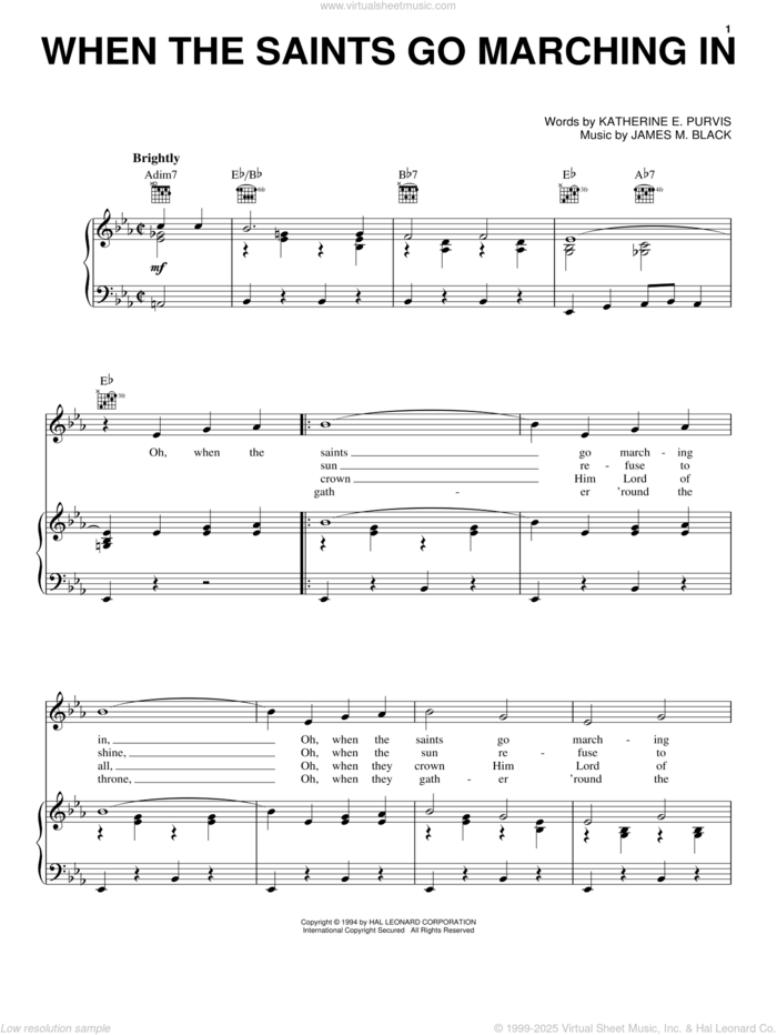 When The Saints Go Marching In sheet music for voice, piano or guitar by Louis Armstrong, James M. Black and Katherine E. Purvis, intermediate skill level