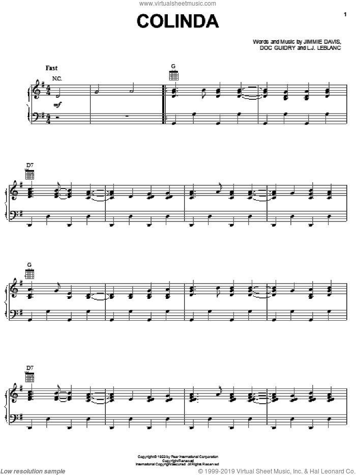 Colinda sheet music for voice, piano or guitar by Rockin' Dopsie & The Cajun Twisters, Doc Guidry, James LeBlanc and Jimmie Davis, intermediate skill level