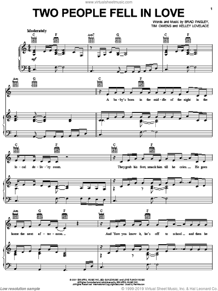 Two People Fell In Love sheet music for voice, piano or guitar by Brad Paisley, Kelley Lovelace and Tim Owens, intermediate skill level