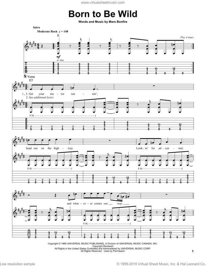 Born To Be Wild sheet music for guitar (tablature, play-along) by Steppenwolf and Mars Bonfire, intermediate skill level