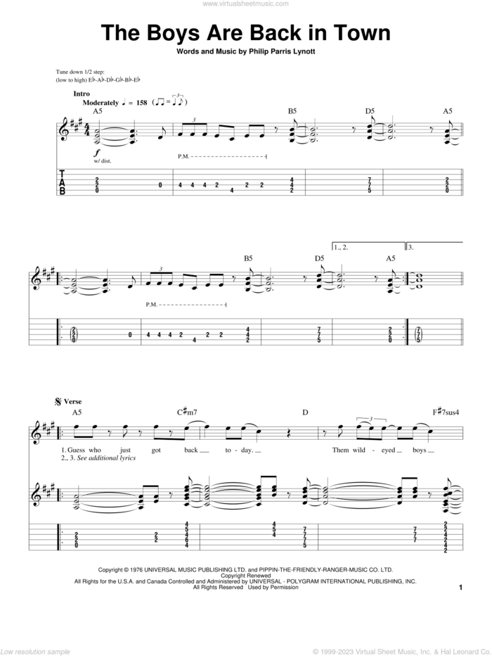 The Boys Are Back In Town sheet music for guitar (tablature, play-along) by Thin Lizzy and Phil Lynott, intermediate skill level