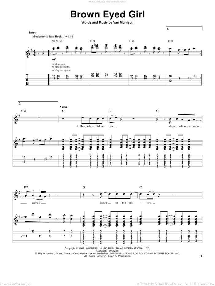 Brown Eyed Girl sheet music for guitar (tablature, play-along) by Van Morrison, intermediate skill level
