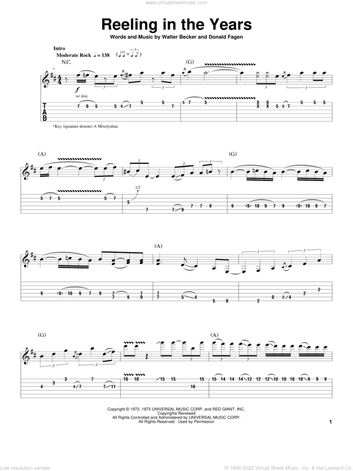 Reeling In The Years sheet music for guitar (tablature, play-along) by Steely Dan, Donald Fagen and Walter Becker, intermediate skill level