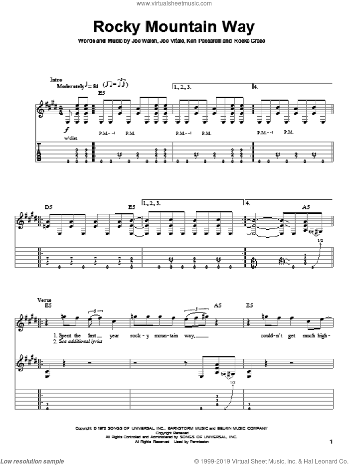 Rocky Mountain Way sheet music for guitar (tablature, play-along) by Joe Walsh, Joe Vitale, Ken Passarelli and Rocke Grace, intermediate skill level