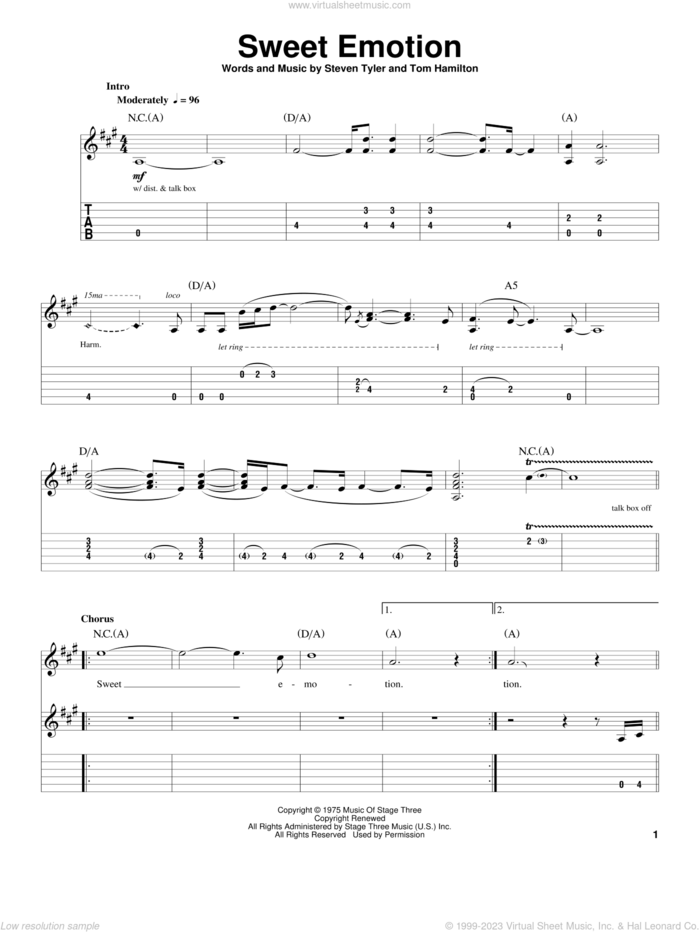 Sweet Emotion sheet music for guitar (tablature, play-along) by Aerosmith, Steven Tyler and Tom Hamilton, intermediate skill level
