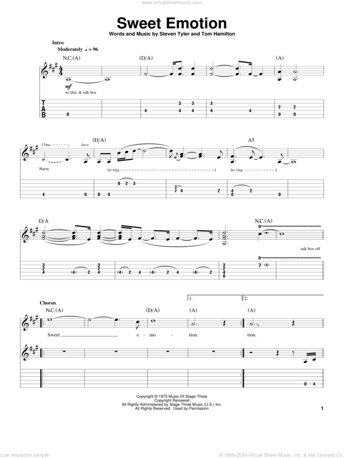 Sweet Emotion sheet music for guitar (tablature, play-along) by Aerosmith, Steven Tyler and Tom Hamilton, intermediate skill level