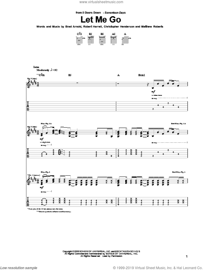 Let Me Go sheet music for guitar (tablature) by 3 Doors Down, Brad Arnold, Christopher Henderson, Matthew Roberts and Robert Harrell, intermediate skill level